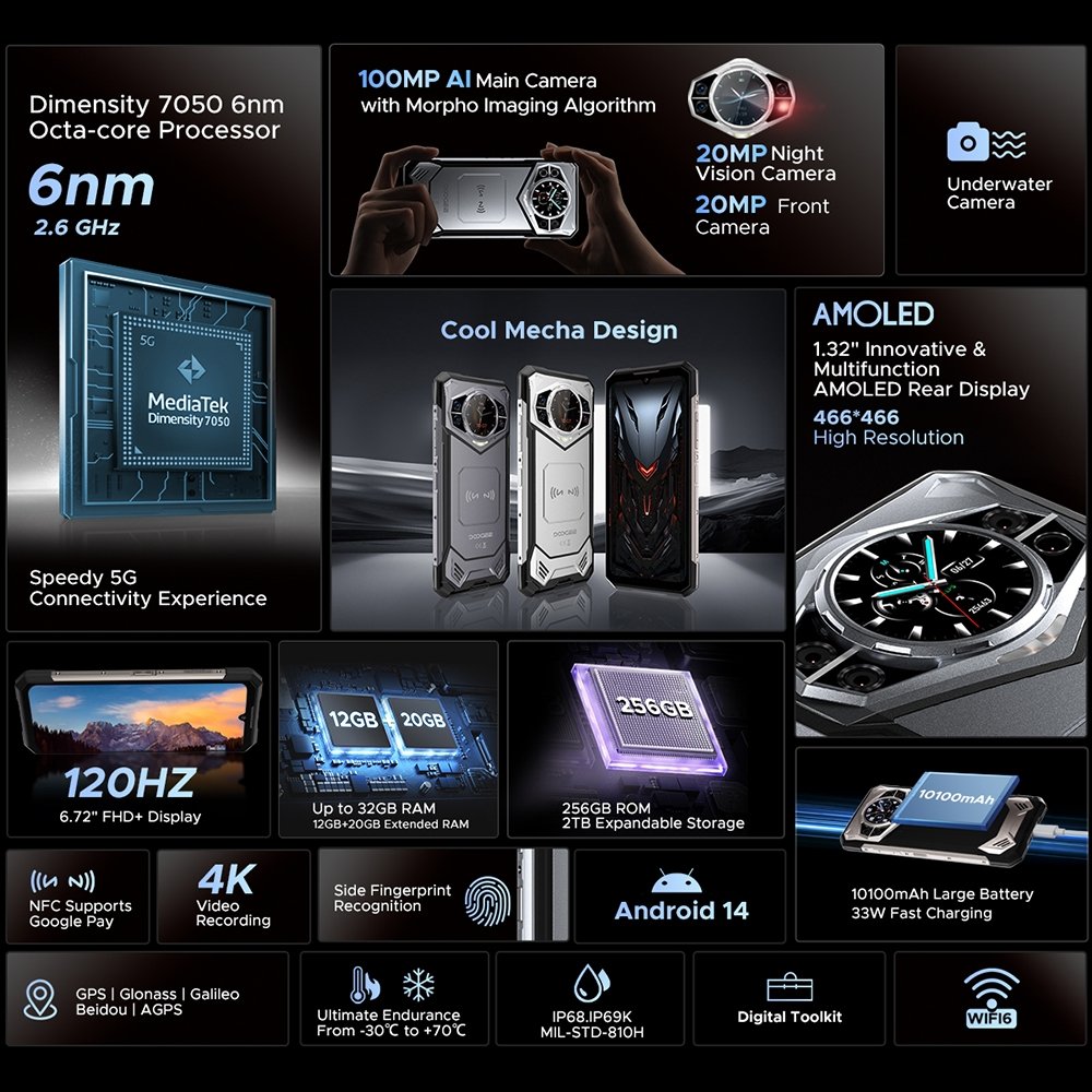 Unlock DOOGEE S200 Rugged 5G Smart Phone 12GB+256GB Fingerprint 6.72''Android 14 Dimensity 7050 Octa Core OTG NFC night version